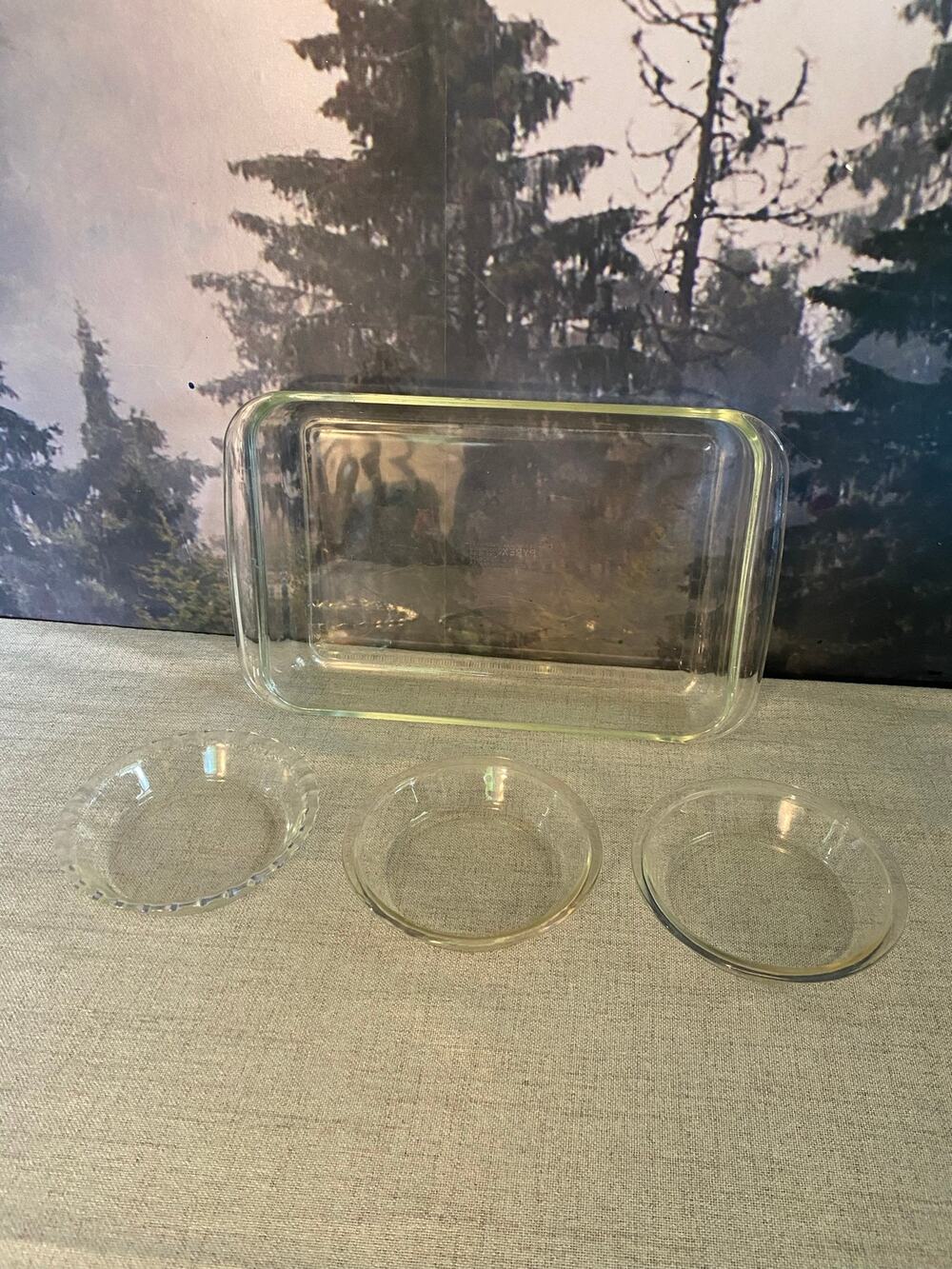 Vintage Pyrex Clear Glass Bakeware Lot 13x9 3QT Baking Dish & 3 Mini 6" Pie Pans